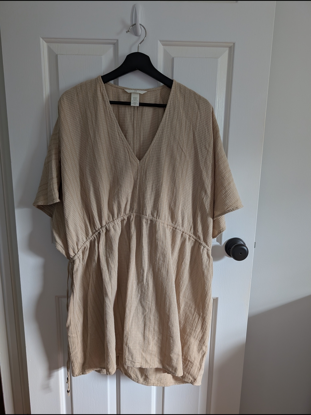 H&M Women's Beige Textured Cotton V-Neck Drawstring Dress Size M/L